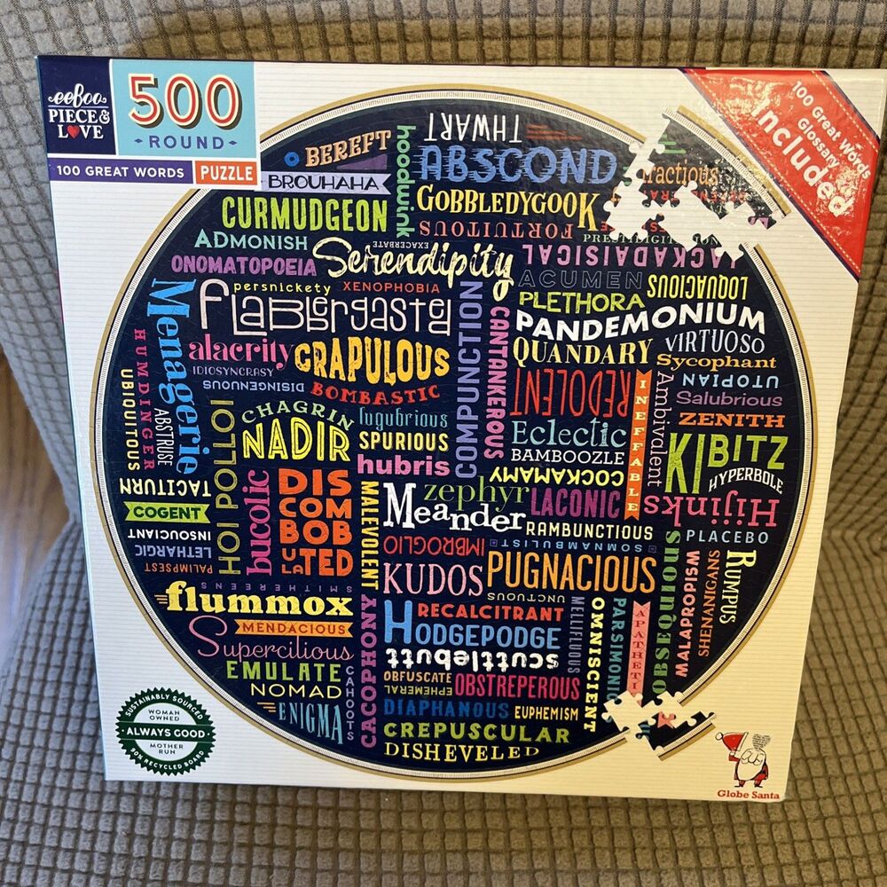 eeBoo 100 Great Words 500 Piece Round Puzzle 23” Diameter Bright Colors Sealed